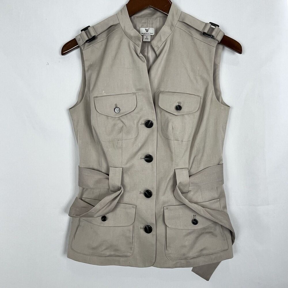 Worthington Women Beige Utility Vest Belted Safari Sleeveless Jacket S - Picture 11 of 16